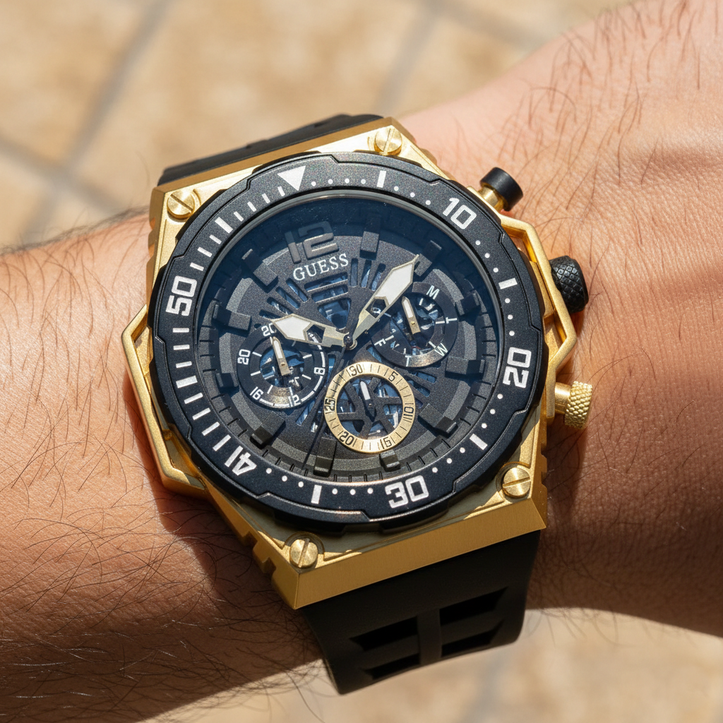 Close up shot of Guess Cut-Thru GW0325G1 watch on wrist showing the skeleton dial and industrial bezel