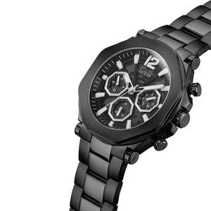 Angled view of the Guess GW0539G3 highlighting the brushed black geometric case edges
