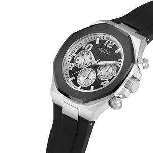 Left side perspective of the Guess Empire GW0583G1 black silicone strap connection