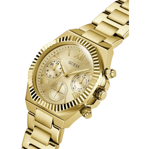 Angled view of the Guess GW0769L2 highlighting the polished gold finish and fluted bezel detail