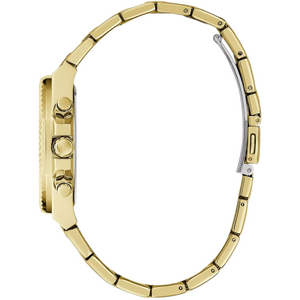 Detailed side view of the gold-tone crown and fluted bezel edge on the Guess GW0769L2