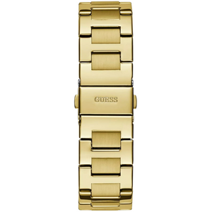 Polished gold-tone stainless steel deployment buckle clasp with Guess logo on the bracelet