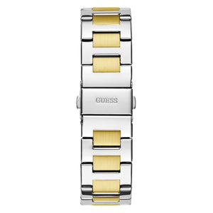 Two-tone stainless steel pilot buckle clasp with Guess logo on the bracelet of the GW0769L3