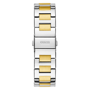 Polished two-tone stainless steel pilot buckle clasp with Guess logo on the bracelet of the GW0769L4