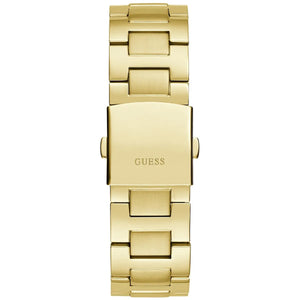 Gold stainless steel deployment clasp with Guess logo on the bracelet of the GW0703G2