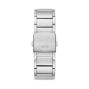 Silver-tone stainless steel deployment buckle clasp with Guess logo on the bracelet of the GW0324G1
