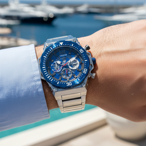 Male model wearing Guess Exposure GW0324G1 silver and blue watch with a modern high-tech outfit
