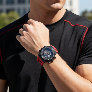 Man wearing Guess Exposure GW0325G3 red and black watch with a sporty streetwear outfit