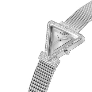 Left side perspective of the Guess Fame GW0508L1 mesh strap connection