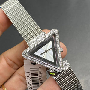 Authentic real-life photo of the Guess Fame GW0508L1 watch showing actual silver triangle case