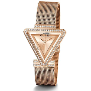 Angled view of the Guess GW0508L3 highlighting the polished rose gold finish and geometric case