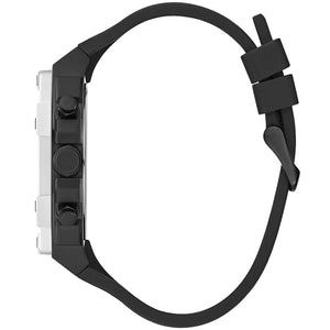 Detailed side view of the black crown and pushers on the Guess GW0579G1