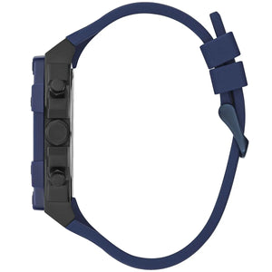 Side profile view of the 12.8mm thick blue stainless steel case of the Guess Formula watch