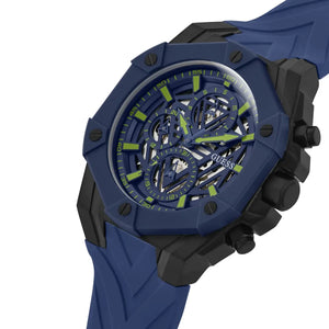 Angled view of the Guess GW0579G3 highlighting the oversized 47mm blue case and bezel screws
