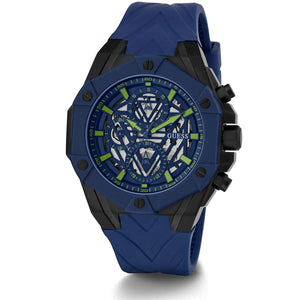 Angled view of the Guess GW0579G3 highlighting the oversized 47mm blue case and bezel screws