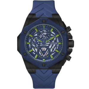 Guess Formula GW0579G3 men's watch with blue case, skeleton dial with neon accents, and blue silicone strap