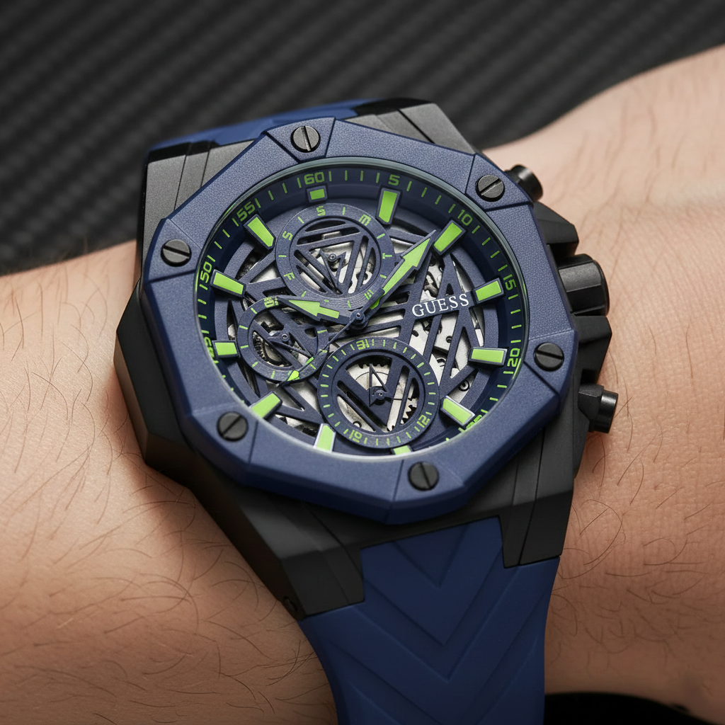 Close up shot of Guess Formula GW0579G3 watch on wrist showing the blue mechanical dial and lime green hands