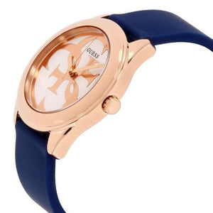Left side perspective of the Guess G-Twist W0911L6 silver dial and blue strap connection