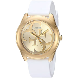 Angled view of the Guess W0911L7 highlighting the polished gold case and white silicone strap