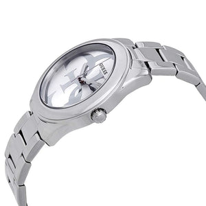 Angled view of the Guess W1082L1 highlighting the polished silver finish and 40mm case