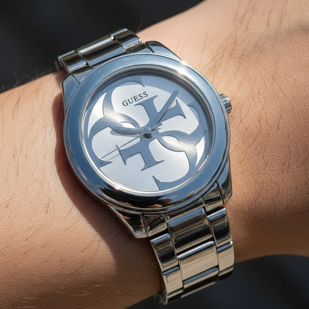 Close up shot of Guess W1082L1 watch on wrist showing the silver sunray dial and logo details