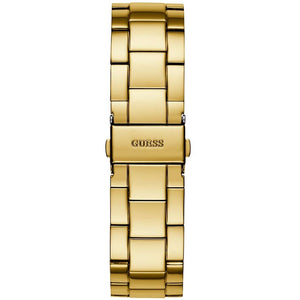 Gold stainless steel deployment clasp with Guess logo on the bracelet of the W1082L2