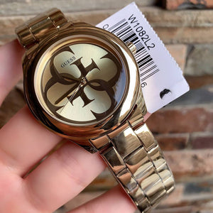Authentic real-life photo of the Guess G-Twist W1082L2 watch showing actual gold shine