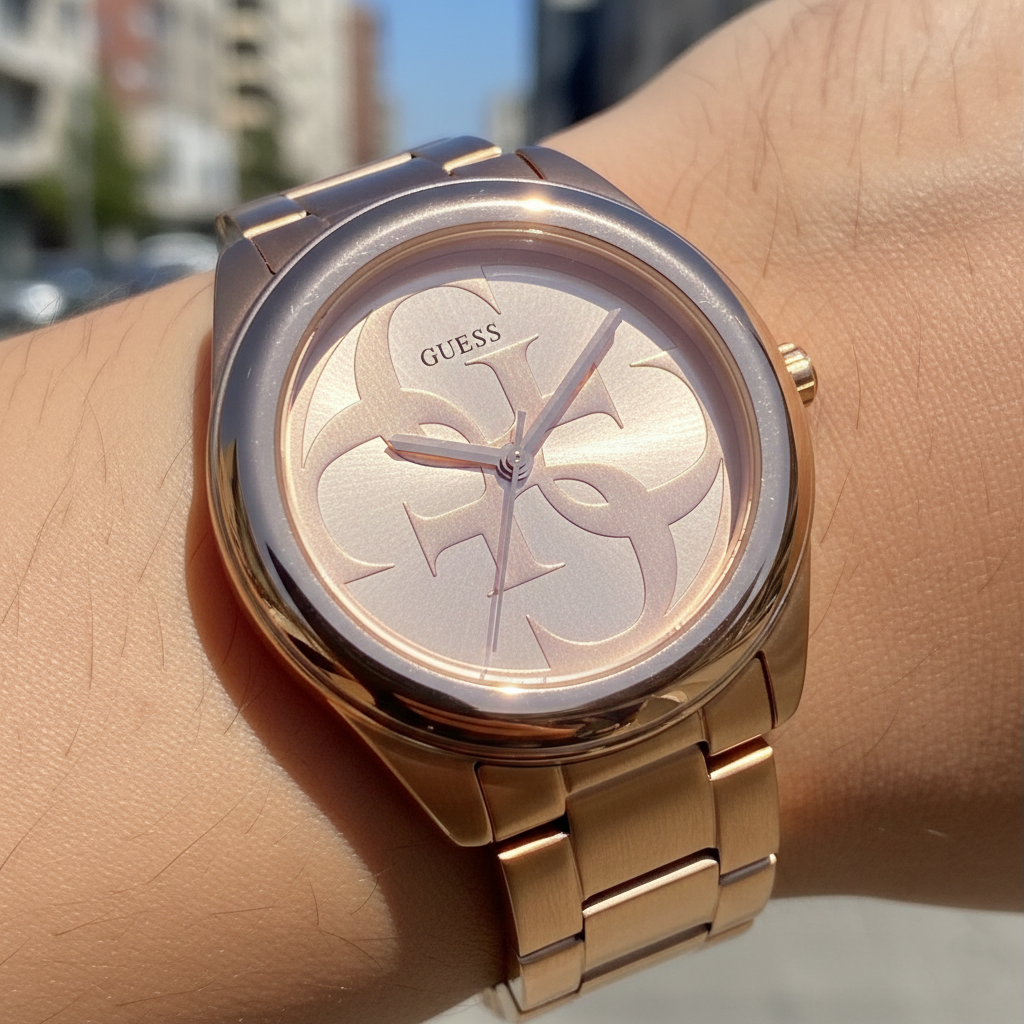 Close up shot of Guess W1082L3 watch on wrist showing the rose gold sunray dial and logo details