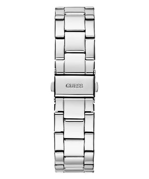 Silver stainless steel deployment clasp with Guess logo on the bracelet of the W1201L1