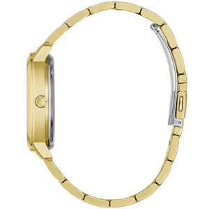Angled view of the Guess W1201L2 highlighting the polished gold stainless steel case and crystals