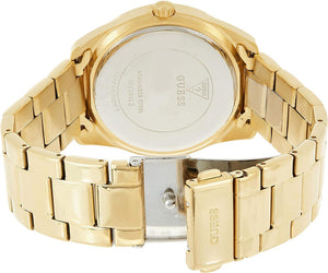 Gold tone stainless steel deployment clasp with Guess logo on the bracelet of the W1201L2