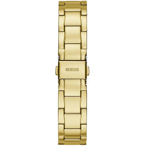 Gold tone stainless steel deployment clasp with Guess logo on the bracelet of the W1201L2