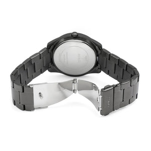 Gunmetal stainless steel deployment clasp with Guess logo on the bracelet of the W1201L4