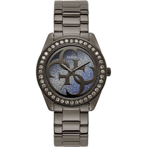 Guess G Twist W1201L4 ladies watch with gunmetal case, crystal bezel and purple glitter dial