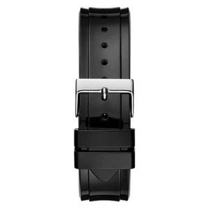 Black stainless steel buckle on the durable black rubber strap of the Guess GW0041L5