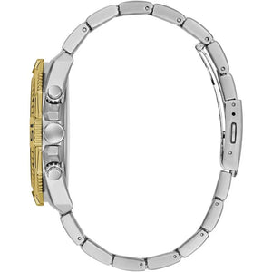 Left side perspective of the Guess GW0056G4 highlighting the two-tone stainless steel link bracelet