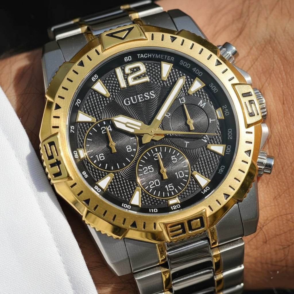 Close up shot of Guess GW0056G4 on wrist highlighting the black textured dial and gold bezel