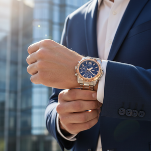 Male model wearing Guess GW0056G5 two-tone watch with a business casual outfit