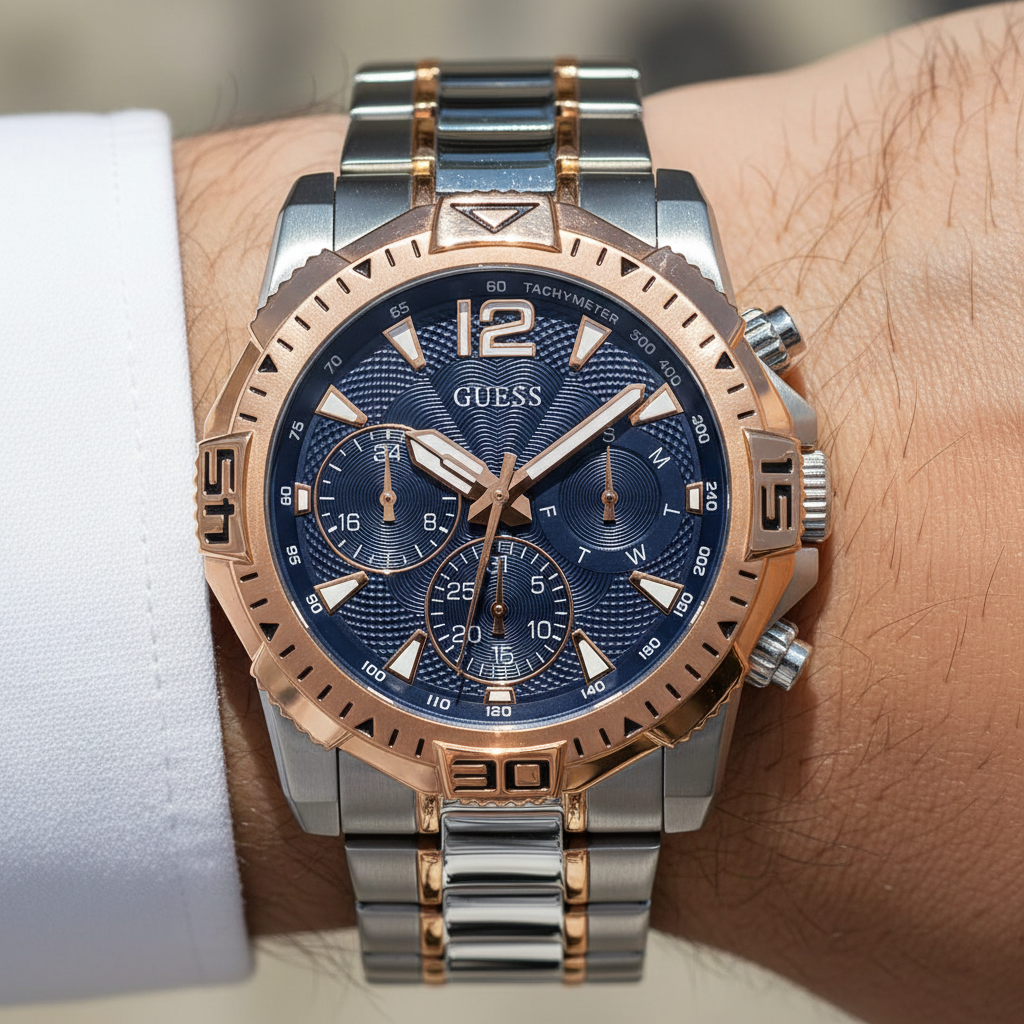 Close up shot of Guess GW0056G5 on wrist highlighting the blue textured dial and rose gold bezel