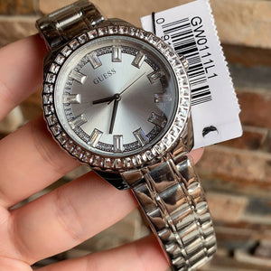 Authentic real-life photo of the Guess GW0111L1 showing actual silver shine and crystal brilliance in Egypt