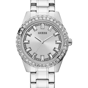 Guess Sparkler GW0111L1 ladies watch with round silver case and baguette crystals