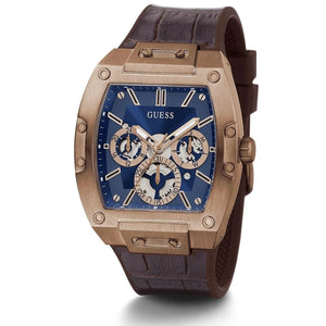 Angled view of the Guess GW0202G2 showing the rose gold barrel shape and screws