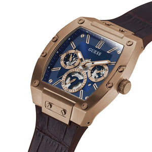 Angled view of the Guess GW0202G2 showing the rose gold barrel shape and screws