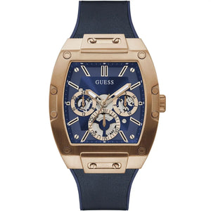 Guess Phoenix GW0202G4 men's watch with rose gold tonneau case and blue silicone strap