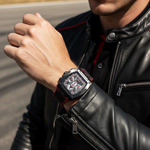 Male model wearing Guess GW0202G7 black and red rubber watch with a sporty outfit