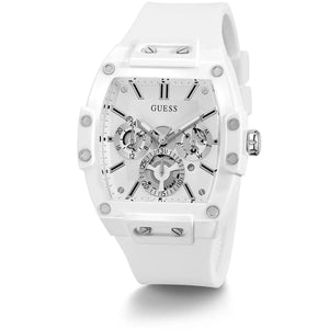 Angled view of Guess GW0203G2 showing the white rubber case and silver bezel screws