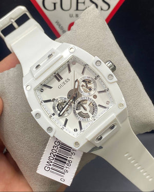 Authentic real-life photo of the Guess GW0203G2 showing actual white rubber finish and skeleton details in Egypt