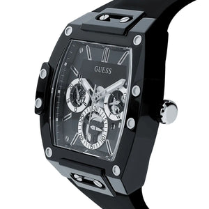 Angled view of Guess GW0203G3 showing the black rubber case and silver bezel screws