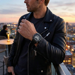 Male model wearing Guess GW0203G3 black rubber watch with a casual sporty outfit