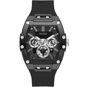 Guess Phoenix GW0203G3 men's watch with black rubber barrel case and silver skeleton dial